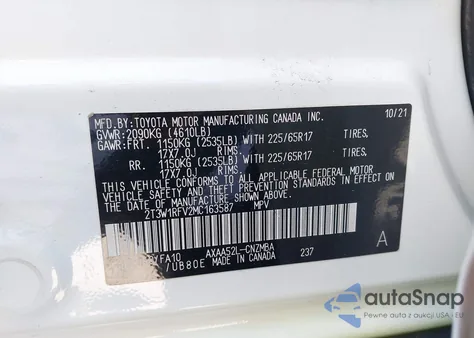 2021 Toyota Rav4 Xle z USA, uszkodzony, nr VIN 2T3W1RFV2MC163587